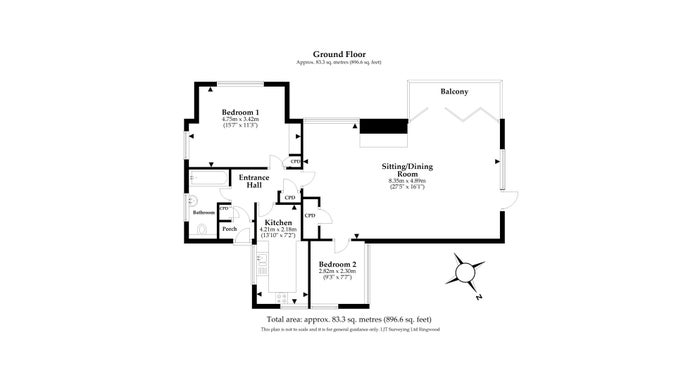 The floor plan for Warcleave Cottage, showing the porch, hall, kitchen, sitting and dining room with balcony, two bedrooms and bathroom, all on one floor.